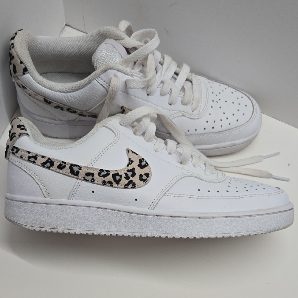 Nike Court Low Vision White Sneakers with Leopard Print Accent Size 8